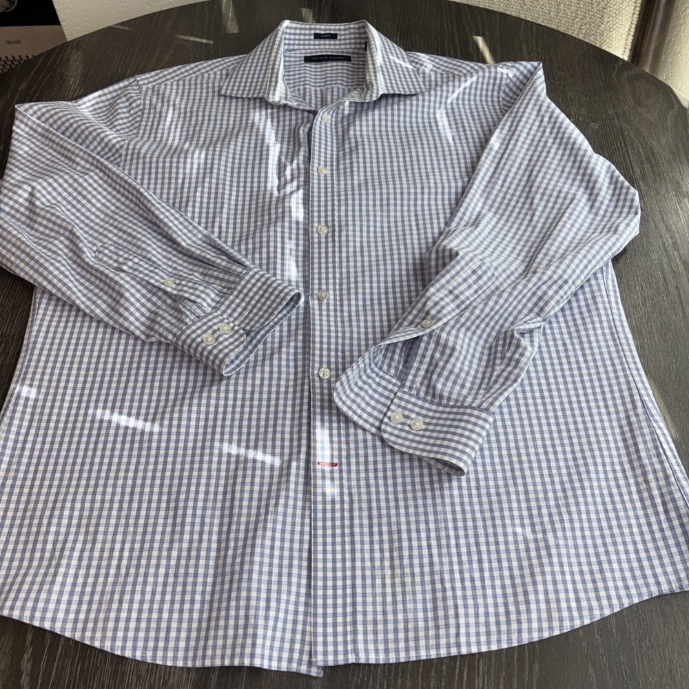 Tommy Hilfiger Men Sz L Blue & White Checked Slim Fit Stretch Long Sleeve